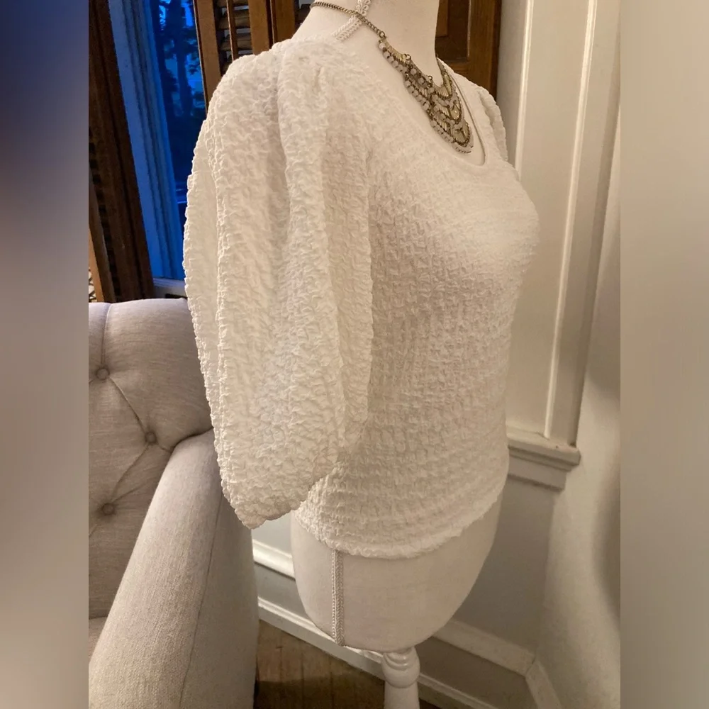 MAUVE x Anthropologie White Balloon-Sleeve Textured Top Cottagecore Resort